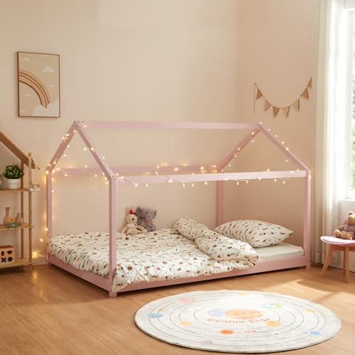 [en.casa] Kinderbett Cerro Hausbett Jugendbett Bett in Haus-Optik Montessori Bett aus massiver Kiefer Bettgestell mit Lattenrost Rosa 120x200cm von [en.casa]