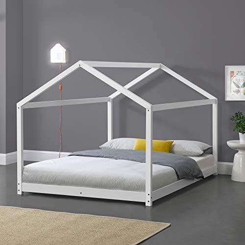 [en.casa] Kinderbett Cerro Hausbett Jugendbett Bettenhaus Spielbett mit Lattenrost Montessori Bett aus massiver Kiefer Bettgestell 140x200cm Weiß von [en.casa]