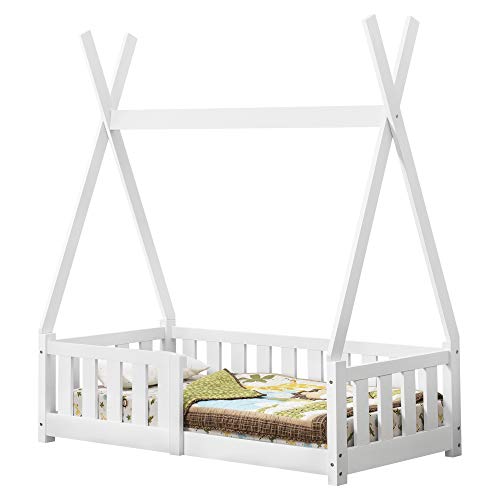 [en.casa] Kinderbett Helsingborg 70x140cm Weiß mit Rausfallschutz im Tipi Design aus Kiefernholz Jugendbett Bett Holzbett Hausbett von [en.casa]