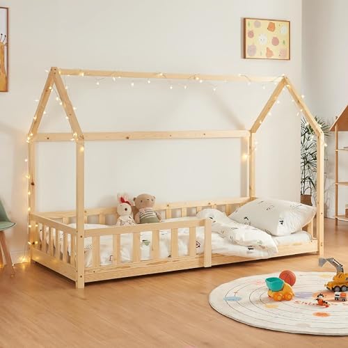 [en.casa] Kinderbett Hesel Hausbett Holzoptik 90 x 200 cm mit Rausfallschutz und Lattenrost Bodenbett Jugendbett Holzbett von [en.casa]