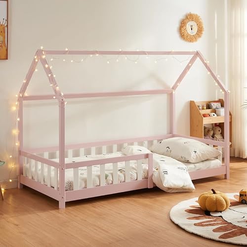 [en.casa] Kinderbett Hesel Hausbett Rosa 90 x 200 cm mit Rausfallschutz und Lattenrost Bodenbett Jugendbett Holzbett von [en.casa]