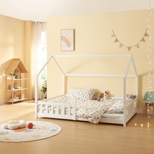 [en.casa] Kinderbett Hesel Hausbett Weiß 120 x 200 cm mit Rausfallschutz und Lattenrost Bodenbett Jugendbett Holzbett von [en.casa]