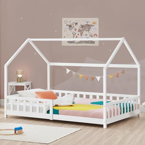 [en.casa] Kinderbett Hesel Hausbett Weiß 90 x 200 cm mit Rausfallschutz und Lattenrost Bodenbett Jugendbett Holzbett von [en.casa]