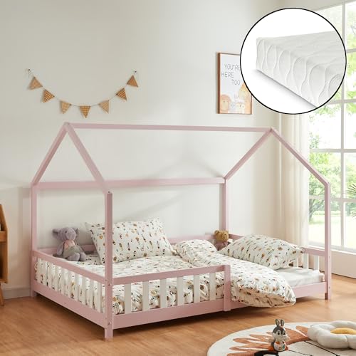 [en.casa] Kinderbett Hesel Hausbett mit Matratze 120 x 200 cm Rosa mit Rausfallschutz und Lattenrost Bodenbett Jugendbett Holzbett von [en.casa]