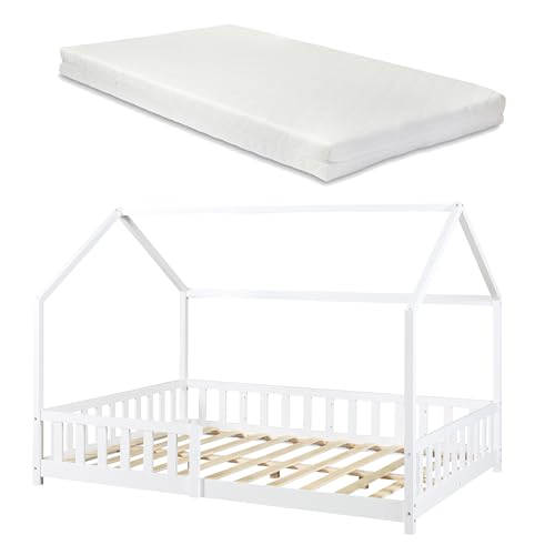 [en.casa] Kinderbett Hesel Hausbett mit Matratze 120 x 200 cm Weiß mit Rausfallschutz und Lattenrost Bodenbett Jugendbett Holzbett von [en.casa]