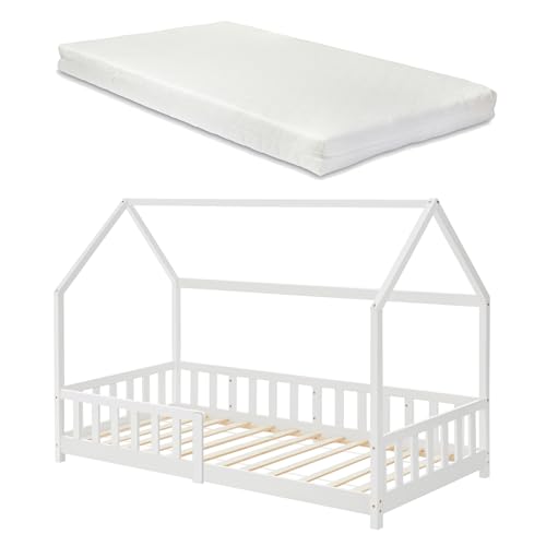 [en.casa] Kinderbett Hesel Hausbett mit Matratze 90 x 200 cm Weiß mit Rausfallschutz und Lattenrost Bodenbett Jugendbett Holzbett von [en.casa]