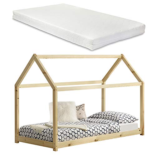 [en.casa] Kinderbett Netstal mit Matratze 90x200cm Natur Holz Haus Design Kiefernholz Bett Holzbett Hausbett Kaltschaummatratze Öko-Tex Standard 100 Allergikergeeignet Atmungsaktiv von [en.casa]