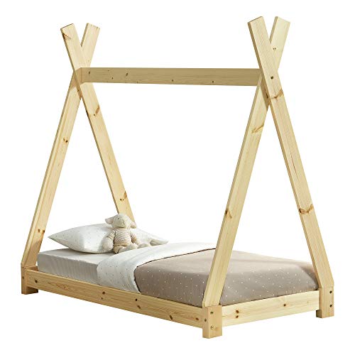[en.casa] Kinderbett Onejda in Tipi-Design Bodenbett Jugendbett aus Kiefernholz Natur Holz 70 x 140 cm von [en.casa]