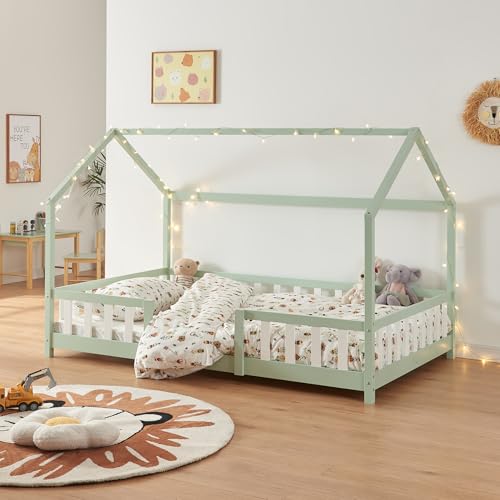 [en.casa] Kinderbett Sisimiut Hausbett 140 x 200 cm mit Rausfallschutz Holzbett für Kinder Bodenbett Lattenrost Kiefernholz Mintgrün/Weiß von [en.casa]