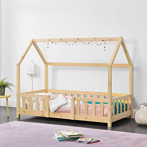 [en.casa] Kinderbett Sisimiut Hausbett 70 x 140 cm mit Rausfallschutz Holzbett für Kinder Bodenbett Lattenrost Kiefernholz Holzfarben von [en.casa]