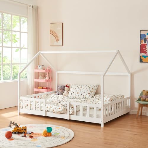 [en.casa] Kinderbett Sisimiut mit Matratze 120 x 200 cm Hausbett mit Rausfallschutz Holzbett für Kinder Bodenbett Lattenrost Kiefernholz Weiß von [en.casa]