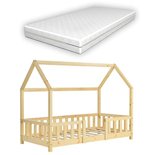 [en.casa] Kinderbett Sisimiut mit Matratze 70 x 140 cm Hausbett Montessori mit Rausfallschutz Holzbett für Kinder Bodenbett Lattenrost Kiefernholz Holzfarben von [en.casa]