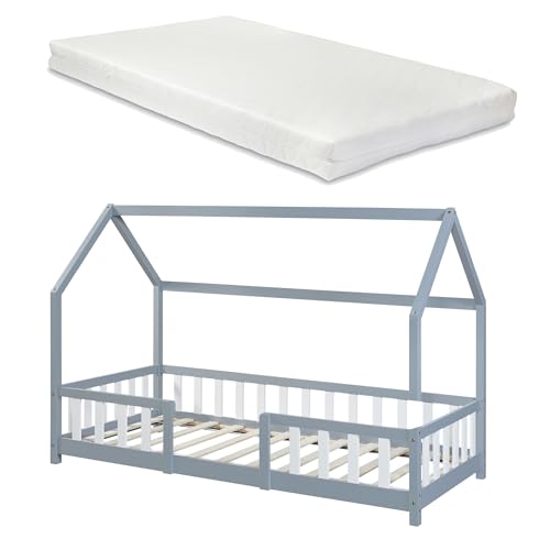 [en.casa] Kinderbett Sisimiut mit Matratze 90 x 200 cm Hausbett mit Rausfallschutz Holzbett für Kinder Bodenbett Lattenrost Kiefernholz Hellgrau/Weiß von [en.casa]