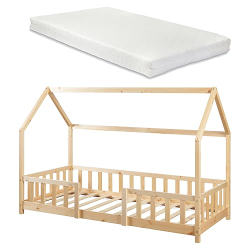 [en.casa] Kinderbett Sisimiut mit Matratze 90 x 200 cm Hausbett mit Rausfallschutz Holzbett für Kinder Bodenbett Lattenrost Kiefernholz Holzfarben von [en.casa]