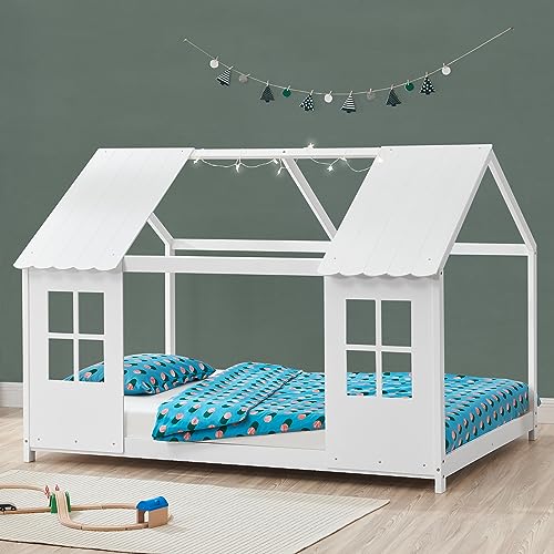 [en.casa] Kinderbett Tostedt Hausbett Jugendbett Bettenhaus Spielbett Halboffenes Design Montessori Bett aus massiver Kiefer Bettgestell Holz 140x200cm Weiß von [en.casa]