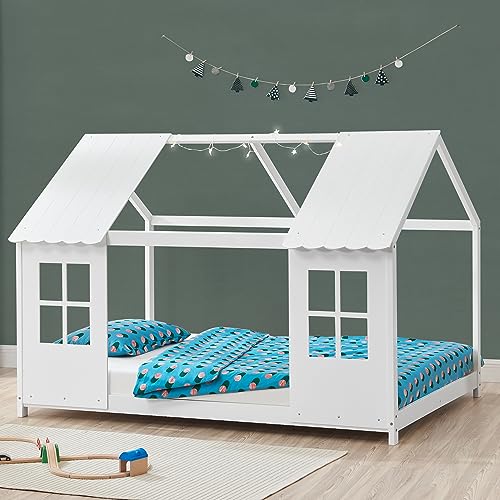 [en.casa] Kinderbett Tostedt Hausbett Jugendbett Bettenhaus Spielbett Halboffenes Design Montessori Bett aus massiver Kiefer Bettgestell Holz 90x200cm Weiß von [en.casa]