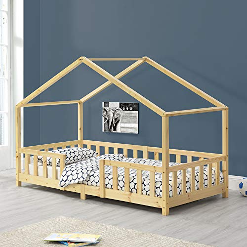 [en.casa] Kinderbett Treviolo Hausbett 90 x 200 cm Holzbett für Kinder mit Rausfallschutz Bettgestell mit Lattenrost Kiefernholz Holzfarben von [en.casa]