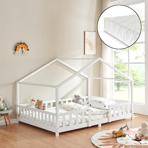 [en.casa] Kinderbett Treviolo mit Matratze 140x200cm Hausbett Holzbett für Kinder mit Rausfallschutz Bettgestell mit Lattenrost Spielbett Kiefernholz Weiß von [en.casa]