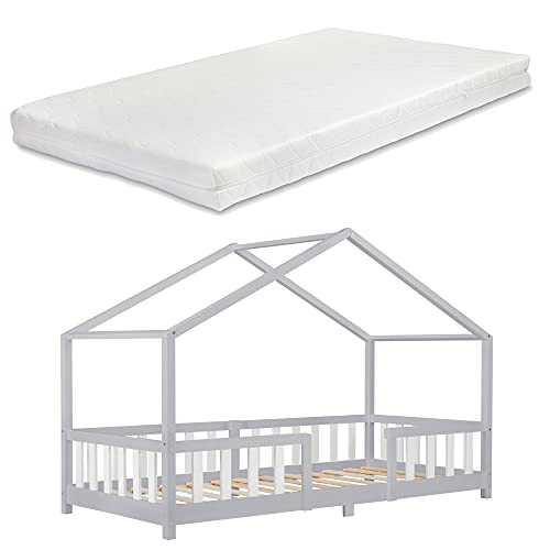 [en.casa] Kinderbett Treviolo mit Matratze 90x200cm Hausbett Holzbett für Kinder mit Rausfallschutz Bettgestell mit Lattenrost Spielbett Kiefernholz Hellgrau/Weiß von [en.casa]