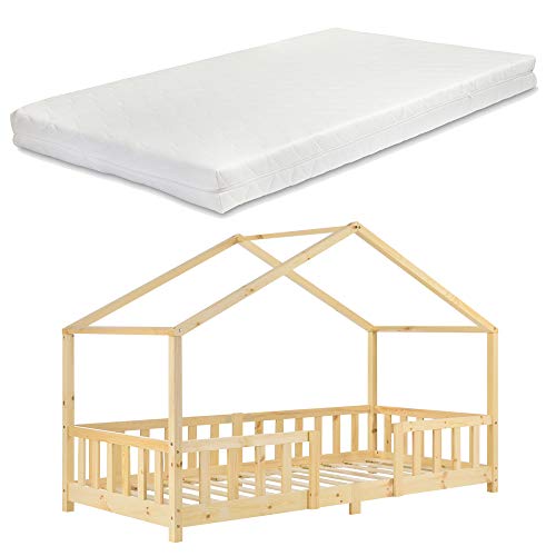 [en.casa] Kinderbett Treviolo mit Matratze 90x200cm Hausbett Holzbett für Kinder mit Rausfallschutz Bettgestell mit Lattenrost Spielbett Kiefernholz Holz Natur von [en.casa]