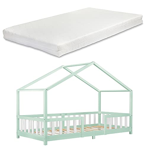 [en.casa] Kinderbett Treviolo mit Matratze 90x200cm Hausbett Holzbett für Kinder mit Rausfallschutz Bettgestell mit Lattenrost Spielbett Kiefernholz Mint/Weiß von [en.casa]