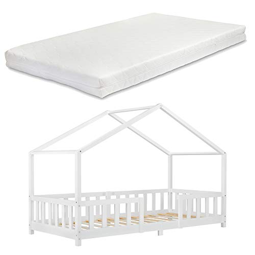 [en.casa] Kinderbett Treviolo mit Matratze 90x200cm Hausbett Holzbett für Kinder mit Rausfallschutz Bettgestell mit Lattenrost Spielbett Kiefernholz Weiß von [en.casa]