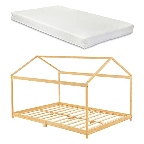 [en.casa] Kinderbett Vindafjord 140 x 200 cm mit Matratze Bettenhaus Spielbett Juniorbett Bettgestell mit Lattenrost aus Bambus in Haus-Optik von [en.casa]