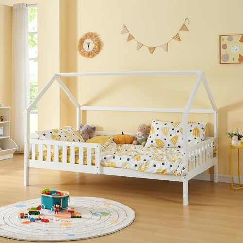 [en.casa] Kinderbett Ydre Hausbett Weiß 120 x 200 cm Holzbett mit Rausfallschutz und Lattenrost 2 Montagearten Bodenbett Hochbett mit Stauraum Jugendbett von [en.casa]