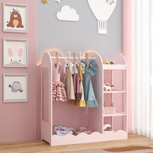 [en.casa] Kindergarderobe stehend Vestnes Kinder Kleiderschrank mit Spiegel und Kleiderstange 100 x 94 x 38 cm Kleiderständer mit Regal Wellendesign Cotton Candy von [en.casa]