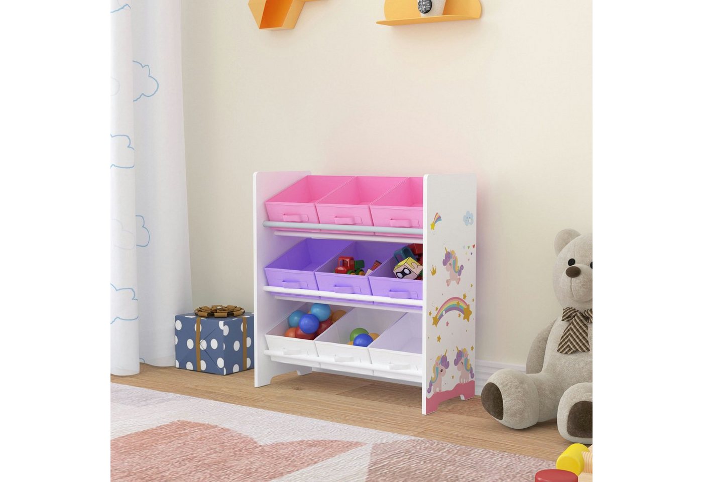 en.casa Kinderregal, »Boiro« Spielzeugregal mit 9 Boxen Einhorn-Motiv Rosa / Lila von en.casa