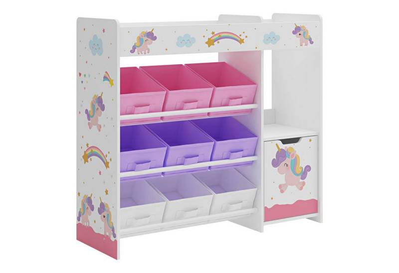 en.casa Kinderregal, »Søndreland« mit 9 Faltboxen mit Einhorn Motiv von en.casa