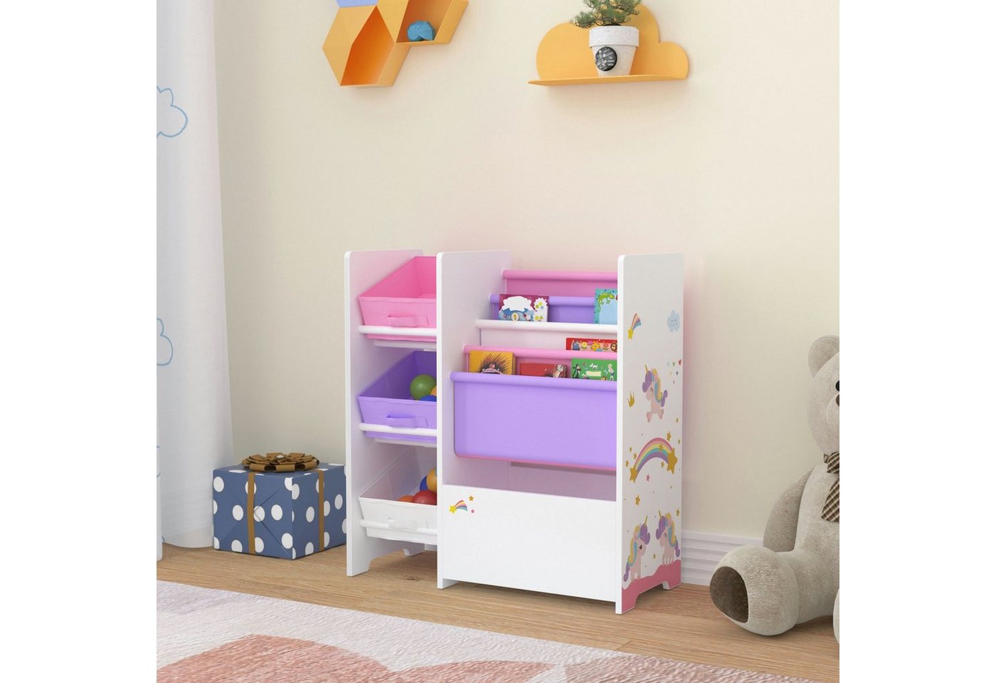 en.casa Kinderregal, »Vimianzo« Einhorn-Motiv 60 x 65 x 30 cm Lila/Rosa von en.casa