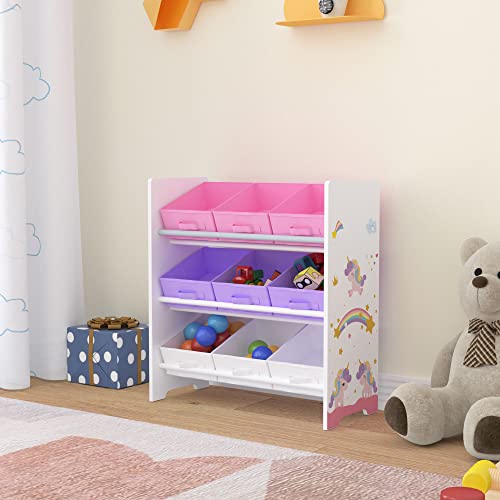 [en.casa] Kinderregal Boiro Kinderzimmerregal stehend mit 9 Faltboxen Einhorn-Motiv Spielzeug Aufbewahrungsregal 59,5 x 62 x 29,5 cm Weiß/Rosa/Lila von [en.casa]