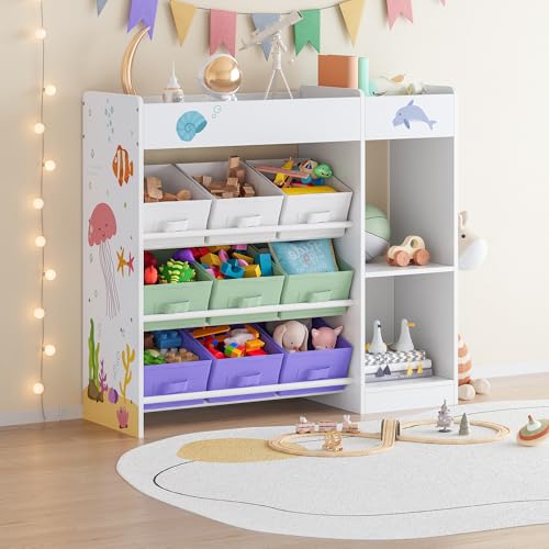 [en.casa] Kinderregal Farusa Bücherregal für Kinder mit 9 Aufbewahrungsboxen Spielzeugregal mit 4 offenen Fächern 80 x 90 x 30 cm Spielzeug Aufbewahrung Aqua Dream Motiv von [en.casa]