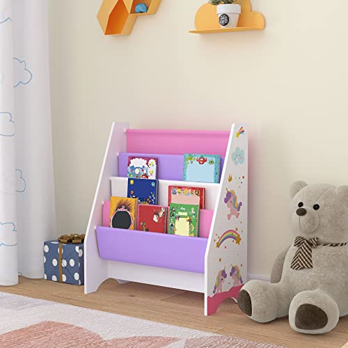 [en.casa] Kinderregal Fisterra Kinder-Bücherregal freistehend mit Einhorn-Motiv 74 x 62 x 29 cm Kinderzimmerregal mit 4 offenen Ablagefächern Bücher-Organizer Weiß/Rosa/Lila von [en.casa]