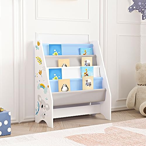 [en.casa] Kinderregal Fisterra Kinder-Bücherregal freistehend mit Koala-Motiv 74 x 62 x 29 cm Kinderzimmerregal mit 4 offenen Ablagefächern Bücher-Organizer Weiß/Grau/Blau von [en.casa]