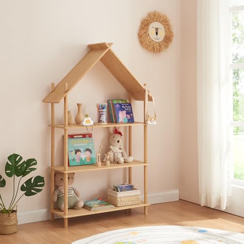 [en.casa] Kinderregal Hamarøy Standregal aus Bambus Kinderzimmerregal in Hausform Spielzeugregal mit 3 Ebenen Bücherregal Spielzeug-Organizer 137x90x30cm Natur von [en.casa]