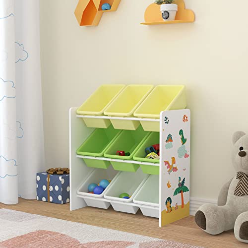 [en.casa] Kinderregal Muxía mit 9 Aufbewahrungsboxen Spielzeugregal mit Dinosaurier-Motiv Spielregal Weiß Grün Gelb Kinderzimmer Organizer von [en.casa]