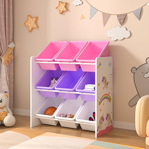 [en.casa] Kinderregal Muxía mit 9 Aufbewahrungsboxen Spielzeugregal mit Einhorn-Motiv Spielregal Weiß Lila Rosa Kinderzimmer Organizer von [en.casa]