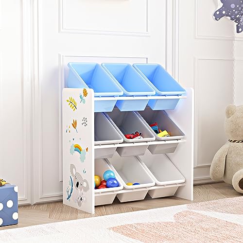 [en.casa] Kinderregal Muxía mit 9 Aufbewahrungsboxen Spielzeugregal mit Koala-Motiv Spielregal Weiß Grau Blau Kinderzimmer Organizer von [en.casa]