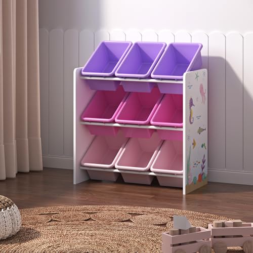 [en.casa] Kinderregal Muxía mit 9 Aufbewahrungsboxen Spielzeugregal mit Ozean-Motiv Spielregal Weiß Rosa Lila Kinderzimmer Organizer von [en.casa]