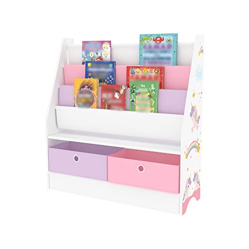 [en.casa] Kinderregal Neda Bücherregal für Kinder mit 3 Ablagefächern Einhorn-Motiv Spielzeug Aufbewahrungsregal mit 2 Faltboxen Kinderzimmerregal stehend 74 x 71 x 23 cm Weiß/Lila/Rosa von [en.casa]