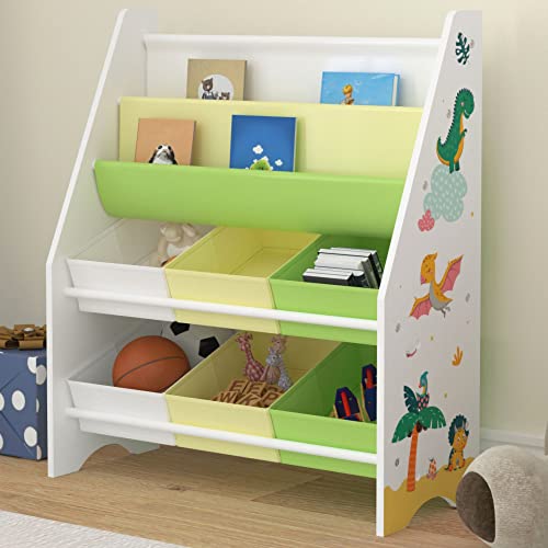 [en.casa] Kinderregal Ponteceso Bücherregal mit 2 Ablagefächern Spielzeugregal 6 Boxen Bücherkiste mit Dinosaurier-Motiv Weiß Grün Gelb Kinderzimmer Organizer von [en.casa]