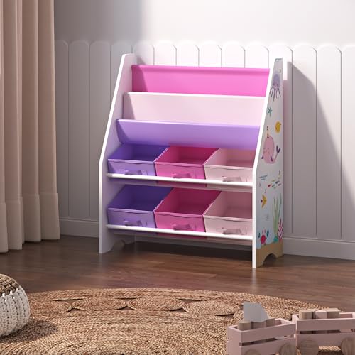 [en.casa] Kinderregal Ponteceso Bücherregal mit 2 Ablagefächern Spielzeugregal 6 Boxen Bücherkiste mit Ozean-Motiv Weiß Rosa Lila Kinderzimmer Organizer von [en.casa]