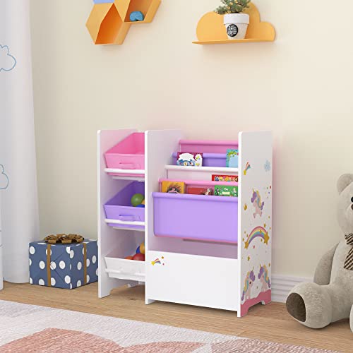 [en.casa] Kinderregal Vimianzo Bücherregal mit 4 Ablagefächern Bücherkiste 3 Faltboxen Spielzeugregal Einhorn-Motiv Weiß Lila Rosa Kinderzimmer Organizer Staufach von [en.casa]