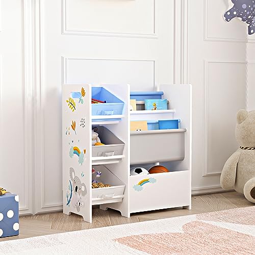 [en.casa] Kinderregal Vimianzo Bücherregal mit 4 Ablagefächern Bücherkiste 3 Faltboxen Spielzeugregal Koala-Motiv Weiß Grau Blau Kinderzimmer Organizer Staufach von [en.casa]