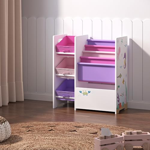 [en.casa] Kinderregal Vimianzo Bücherregal mit 4 Ablagefächern Bücherkiste 3 Faltboxen Spielzeugregal Ozean-Motiv Weiß Rosa Lila Kinderzimmer Organizer Staufach von [en.casa]