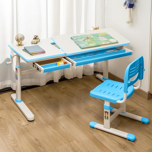 [en.casa] Schreibtisch Kinder Sauda Kinderschreibtisch höhenverstellbar 120 x 60 cm Schülerschreibtisch mit neigbarer Tischplatte und 2 Schubladen Blau/Weiß von [en.casa]