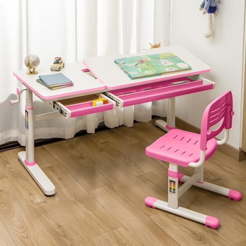 [en.casa] Kinderschreibtisch Sauda Schülerschreibtisch mit neigbarer Tischplatte und Schubladen Lesetisch 120x60 cm Jugendschreibtisch höhenverstellbar Pink von [en.casa]