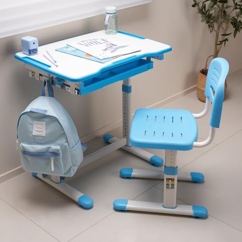 [en.casa] Kinderschreibtischset Sala Schülerschreibtisch 2-TLG. Jugendschreibtisch höhenverstellbar Kindertisch mit Stuhl neigbare Tischplatte Lerntisch mit Schublade Blau von [en.casa]